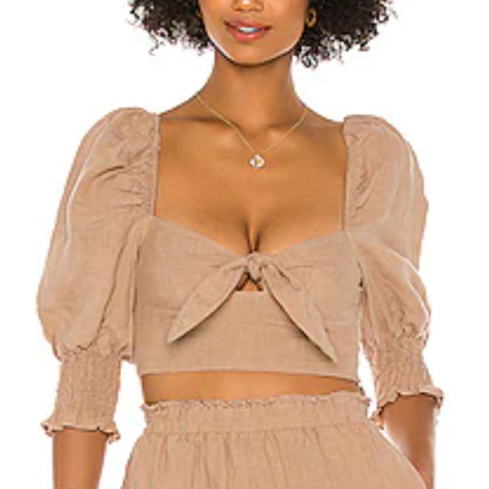 Majorelle Brown Puff Sleeves Cropped Top